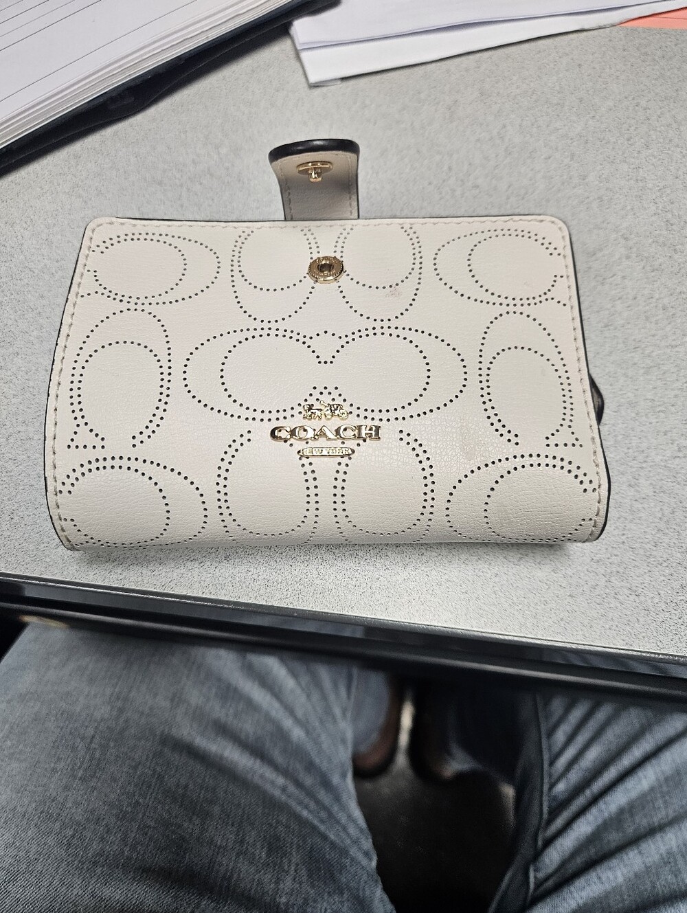 Coach Cream Perforated Signature Leather Wallet with Gold Hardware